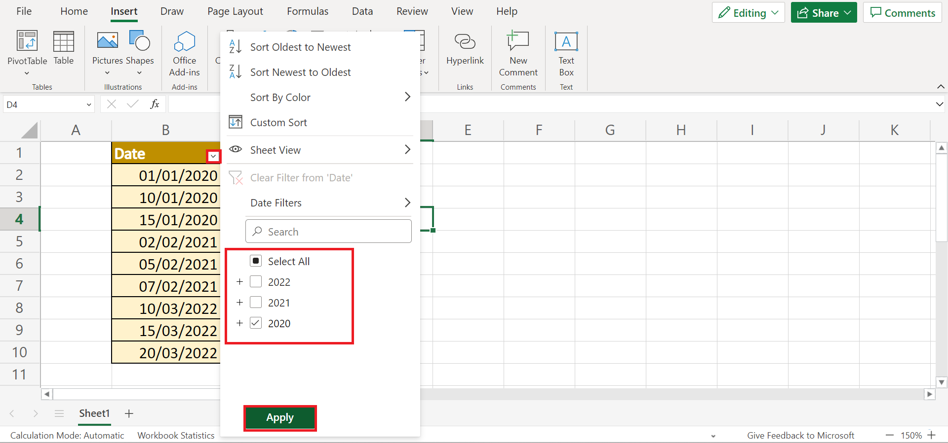 Filter Dates by Year in Excel