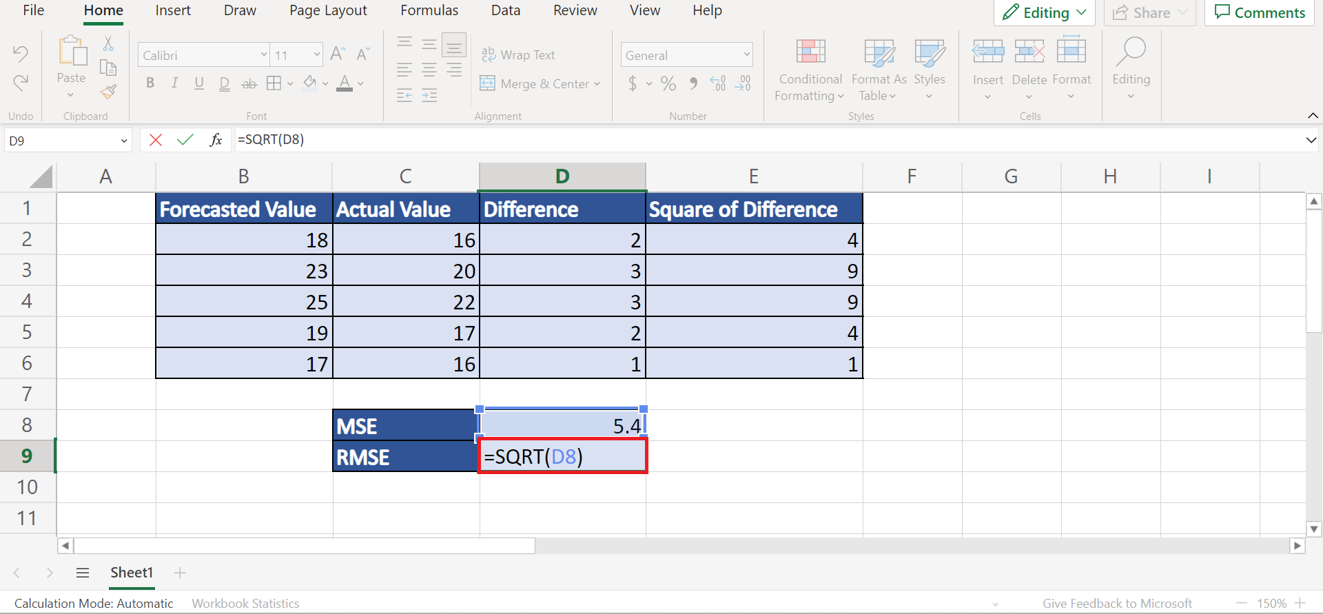 Root Mean Square Error in Excel