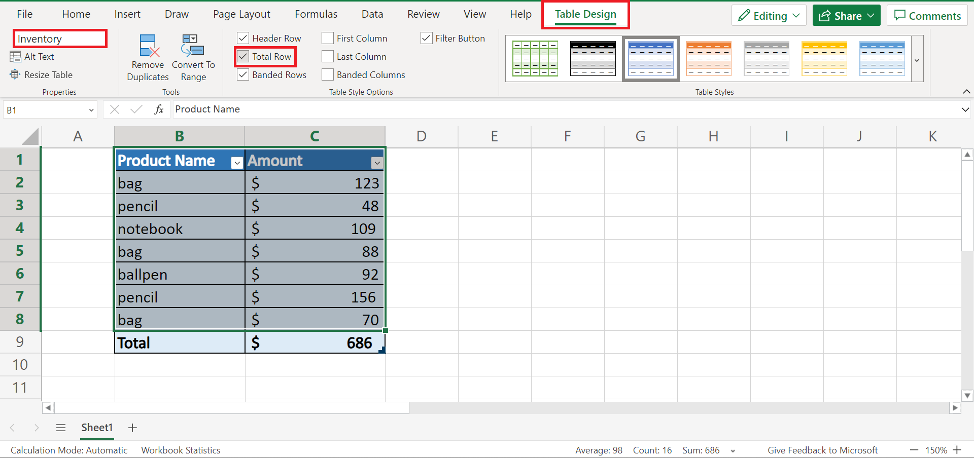 Sum Filtered Rows in Excel