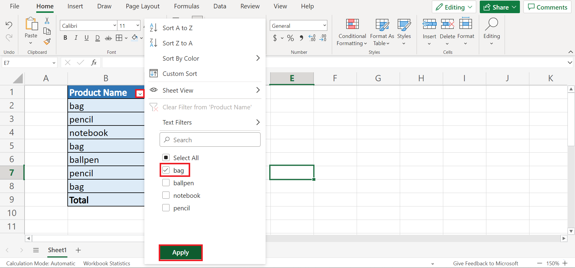 Sum Filtered Rows in Excel
