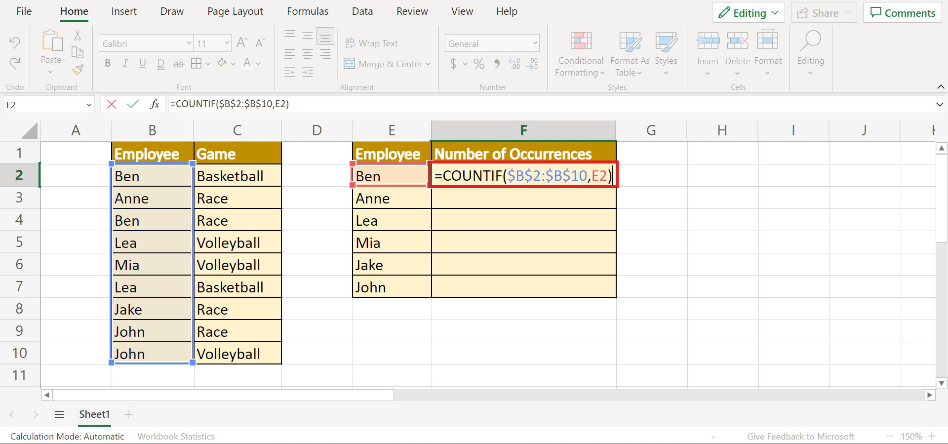Count Number of Occurrences in Excel
