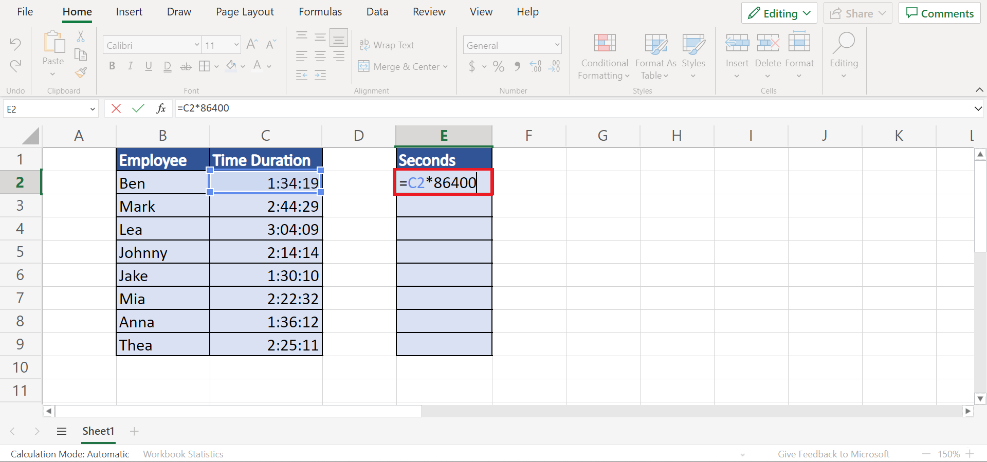 Time Duration to Seconds in Excel