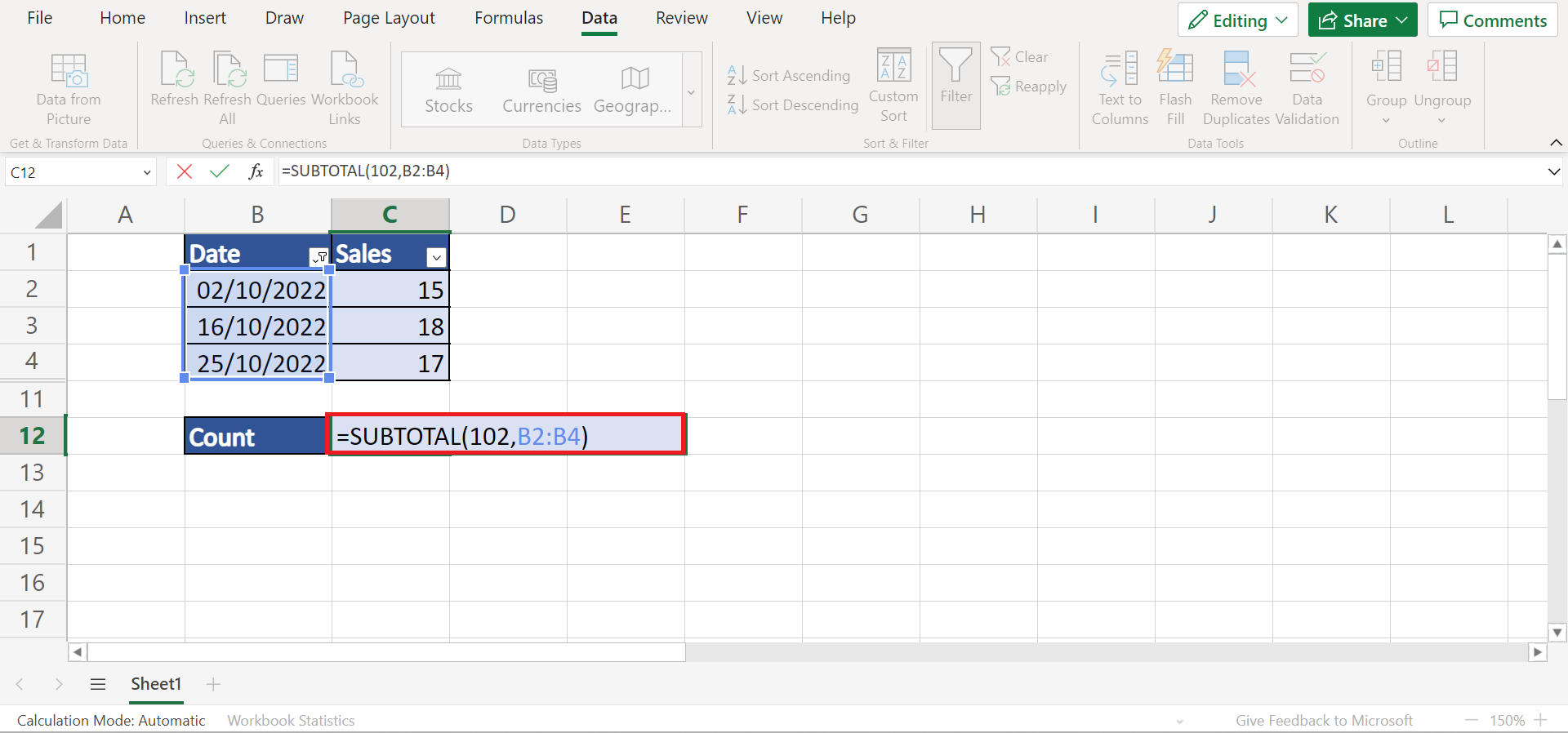 Count Filtered Rows in Excel
