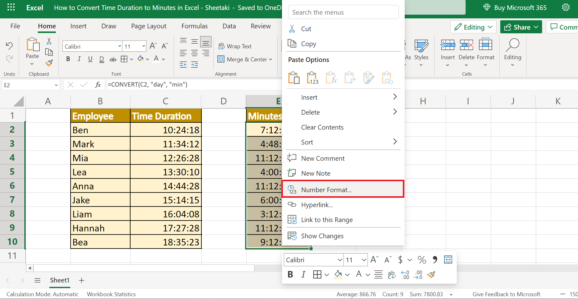 How to Convert Time Duration to Minutes in Excel - Sheetaki