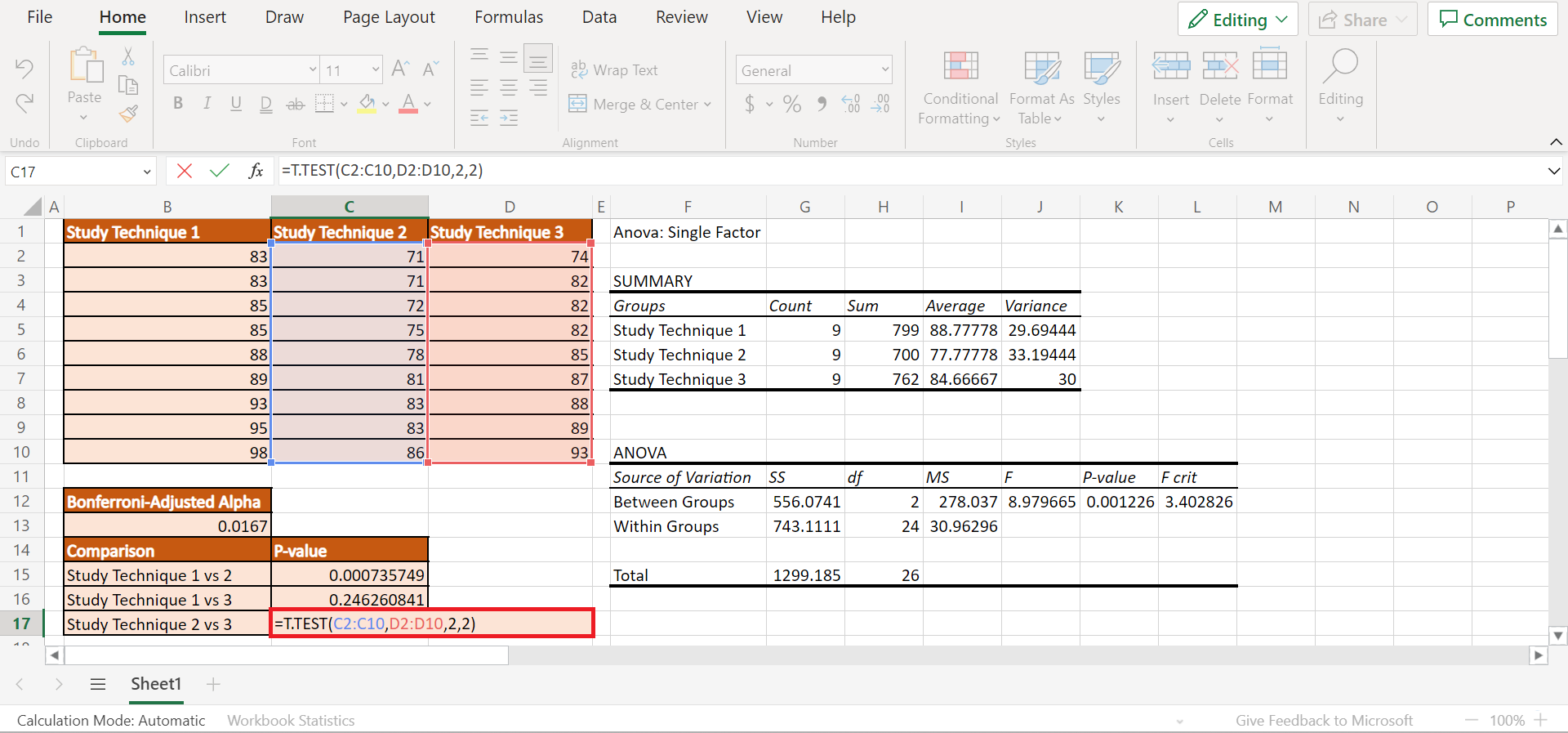 Bonferroni Correction in Excel