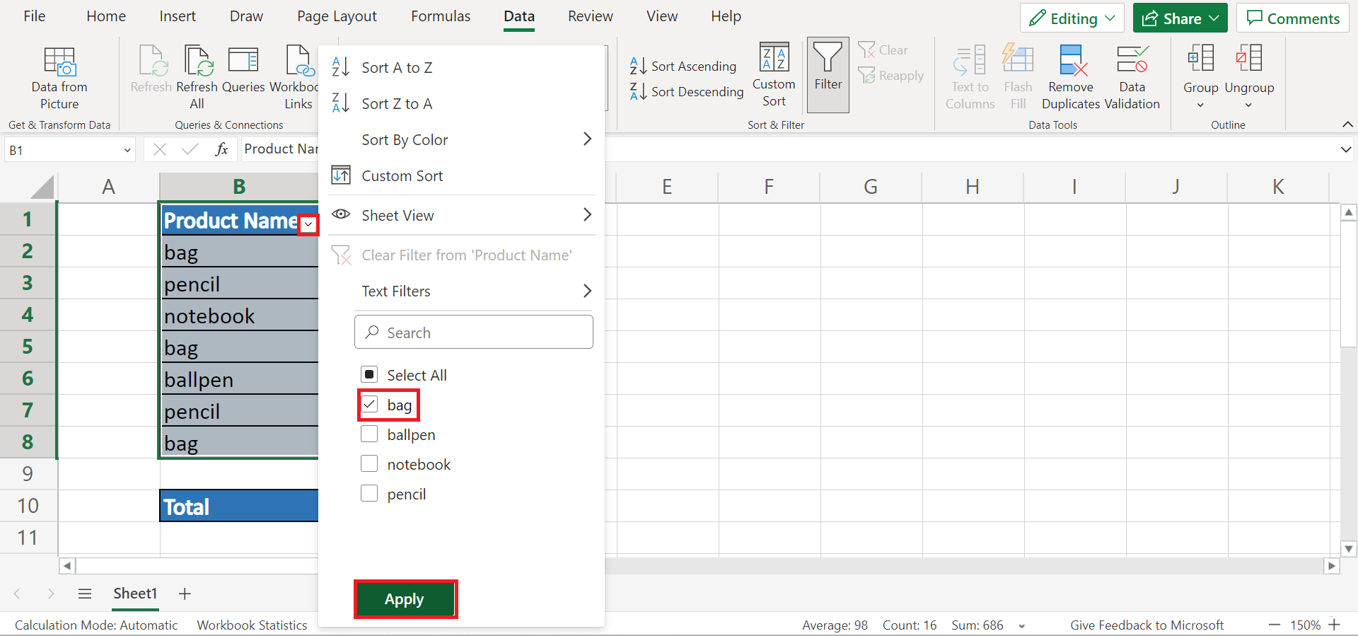 Sum Filtered Rows in Excel