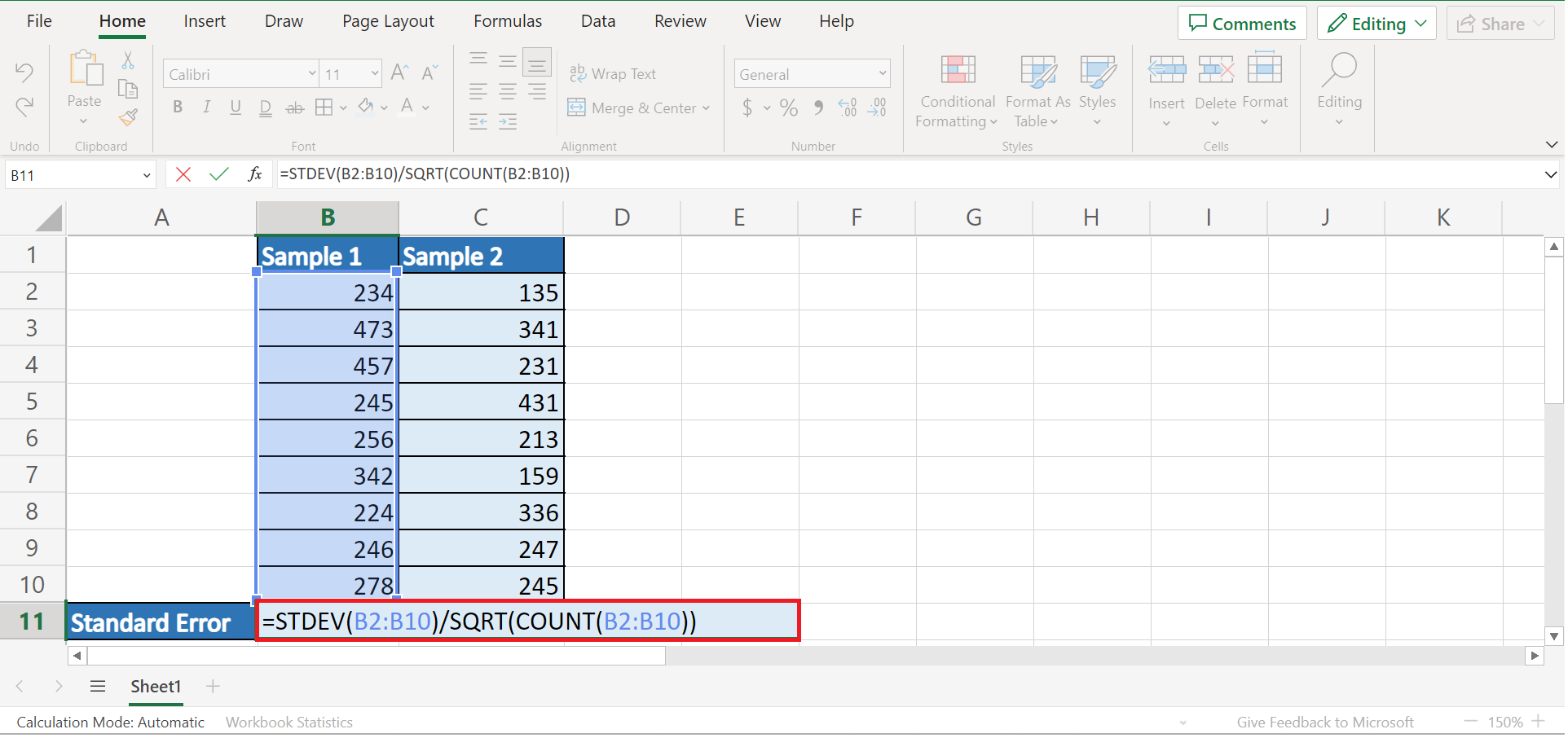 Calculate Standard Error in Excel