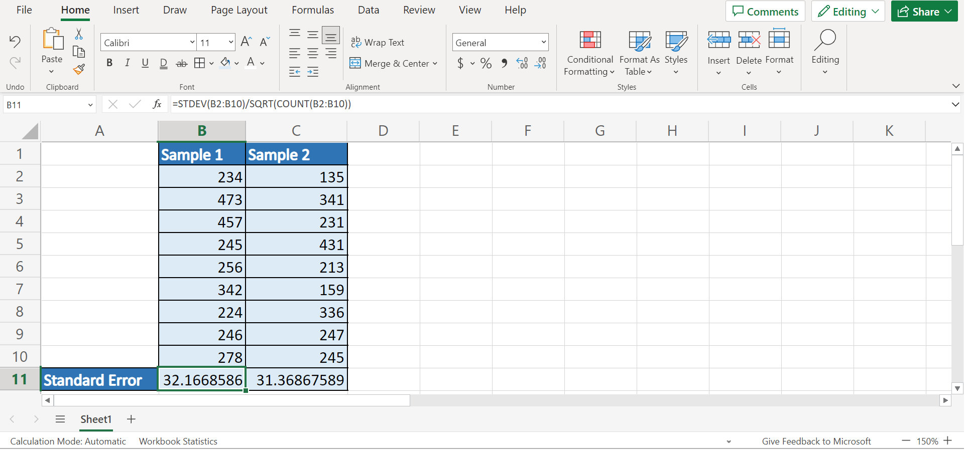 Calculate Standard Error in Excel