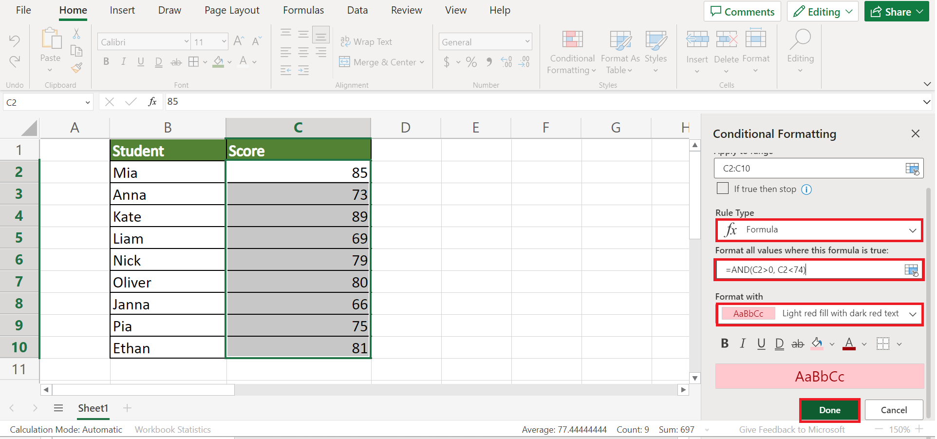 Conditional Formatting if Between Two Values in Excel