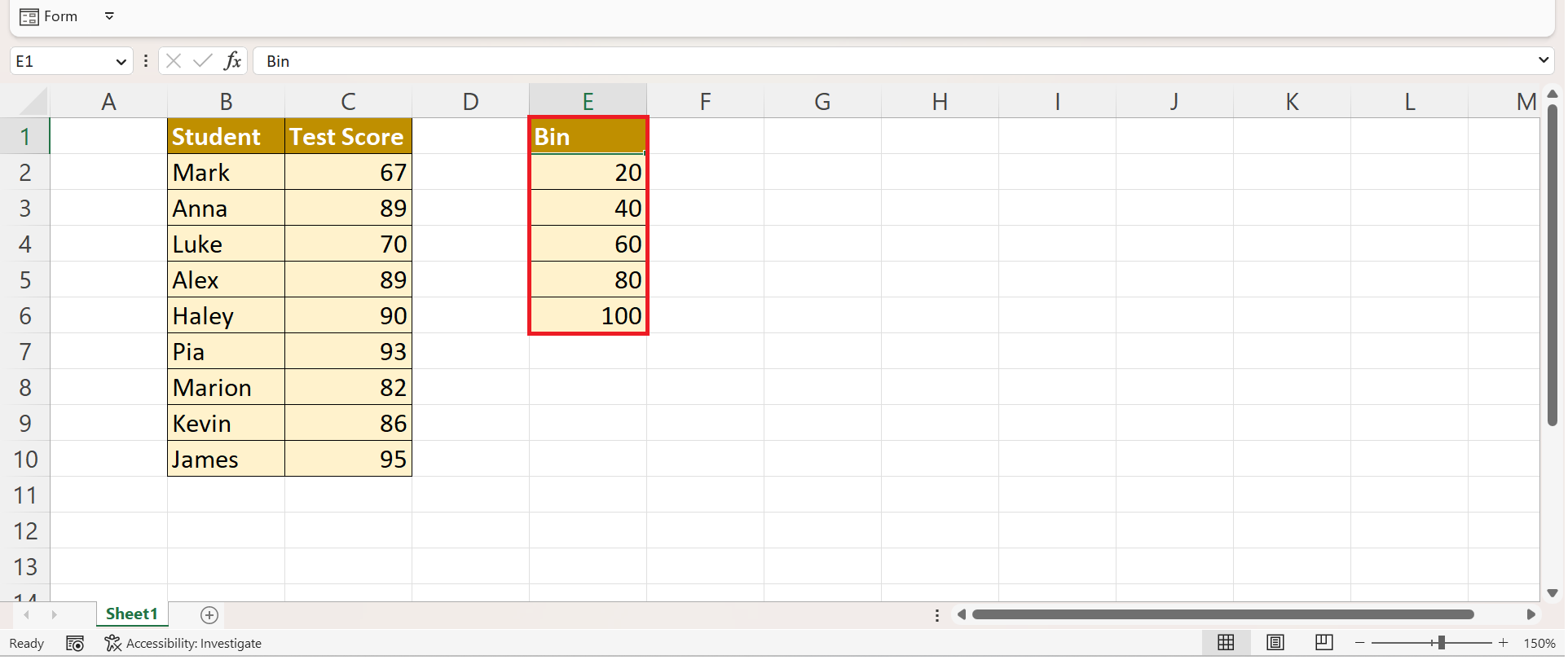 Data Binning in Excel