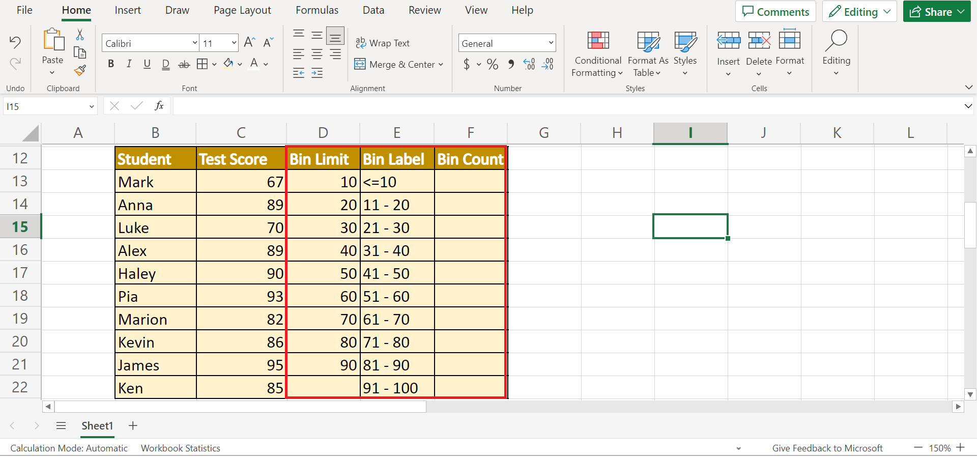 Data Binning in Excel