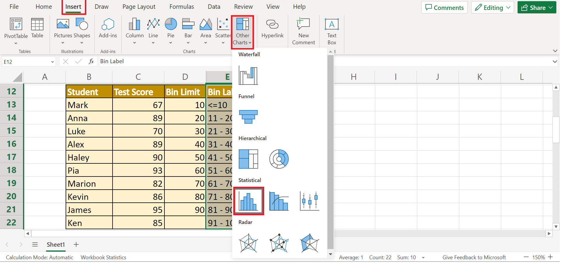 Data Binning in Excel
