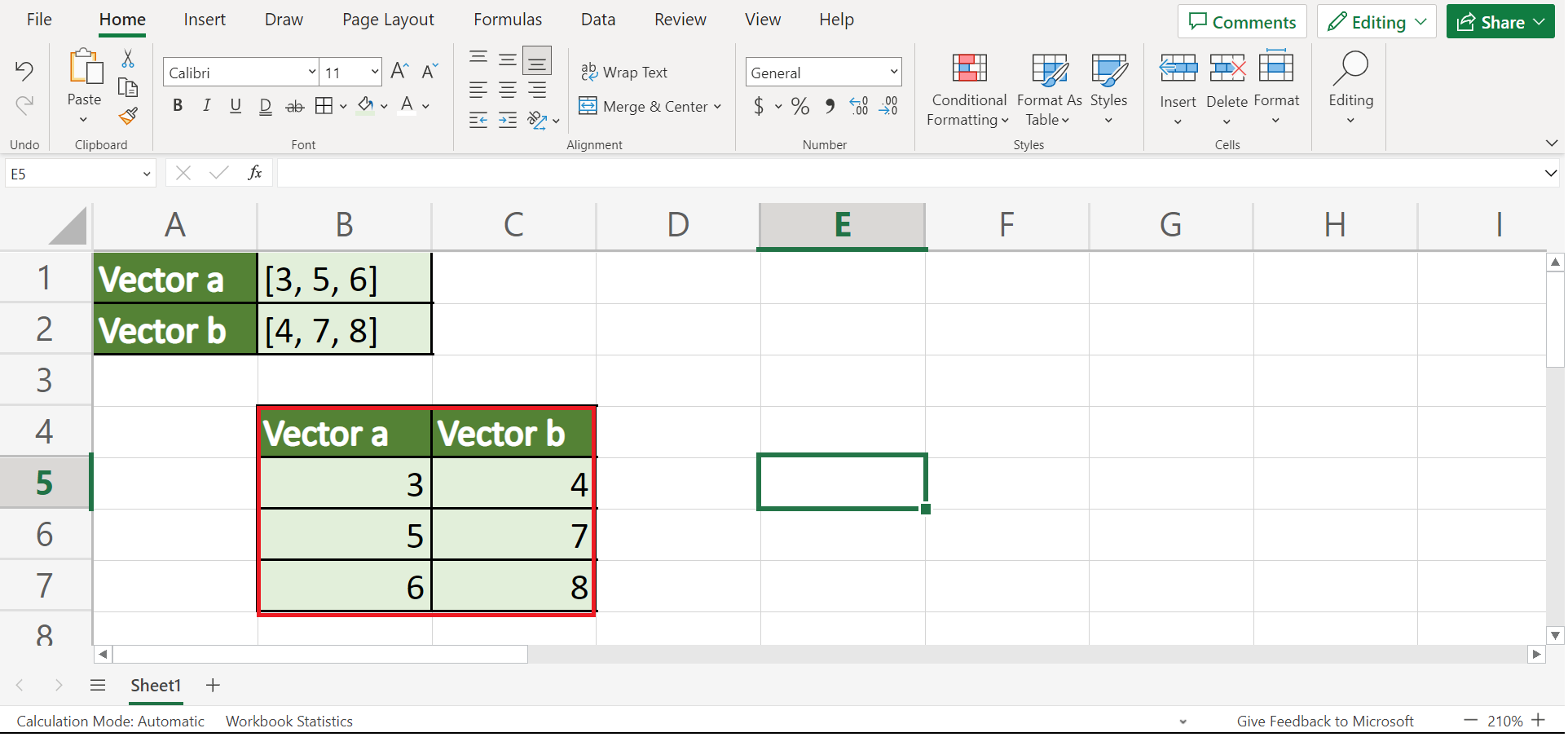 Calculate A Dot Product in Excel