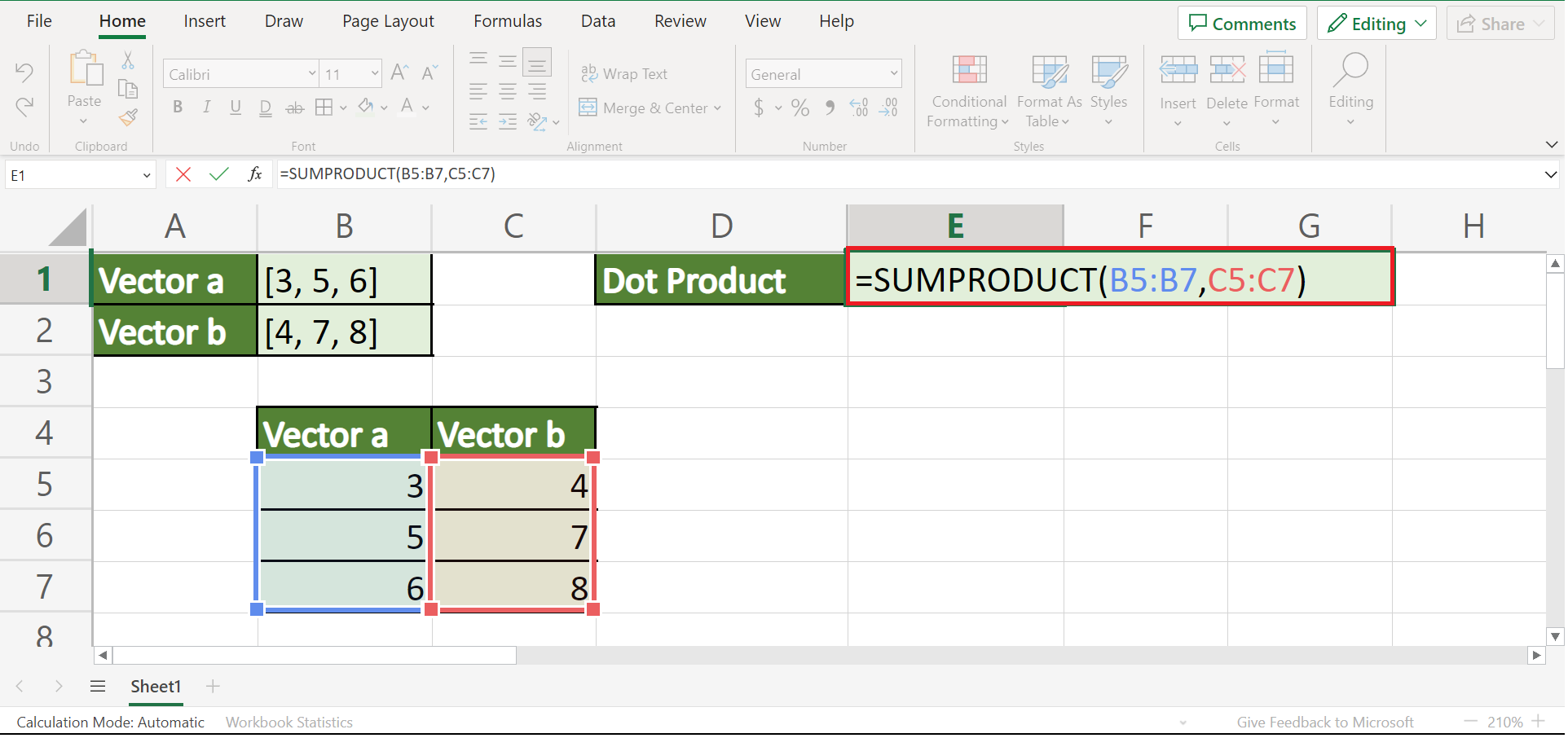 Calculate A Dot Product in Excel