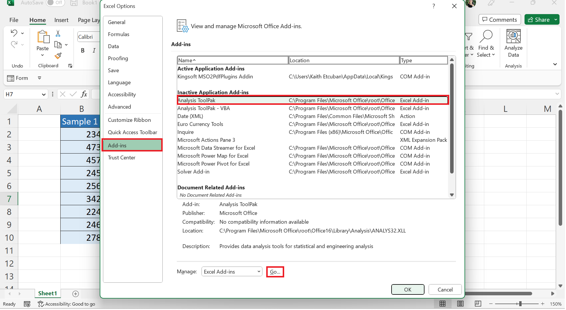 Installing the analysis toolpak