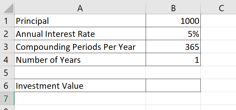 find daily compound interest in Excel
