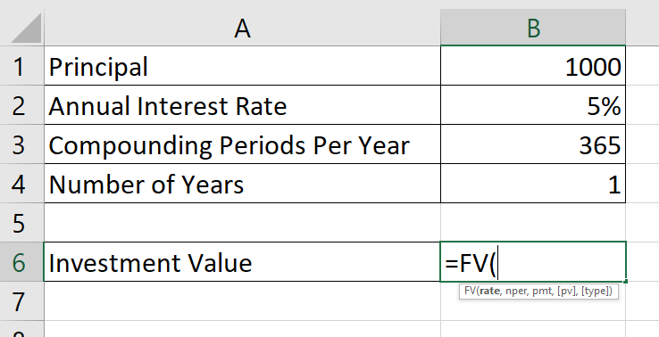 daily compound interest in Excel with FV function