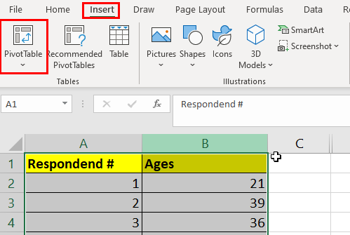 In the Insert tab, click on PivotTable