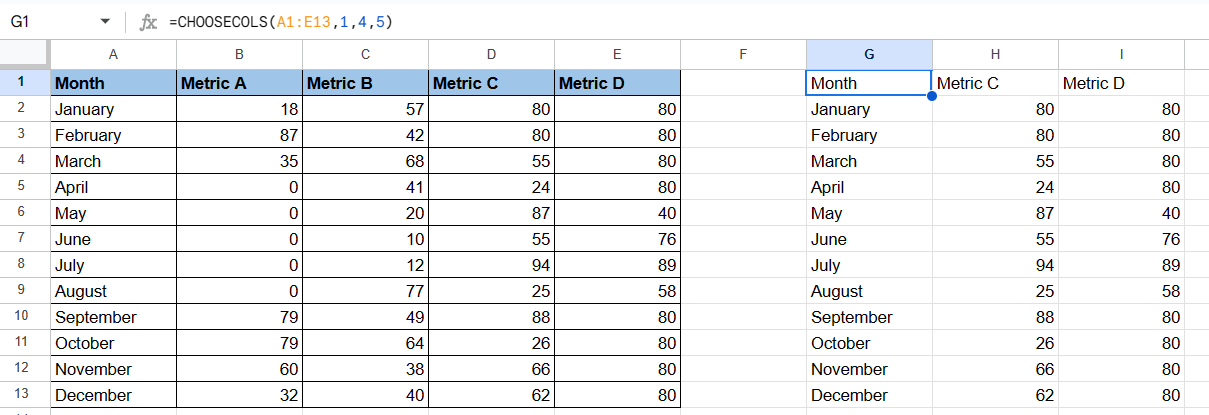 CHOOSECOLS function in Google Sheets to choose 1st, 4th, and 5th columns