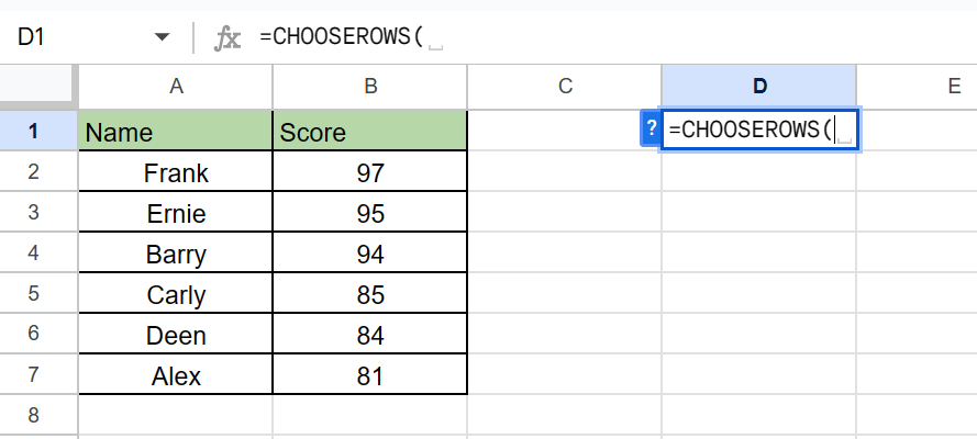 CHOOSEROWS function in Google Sheets