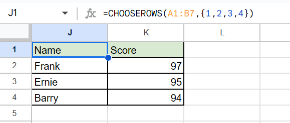 CHOOSEROWS function in Google Sheets