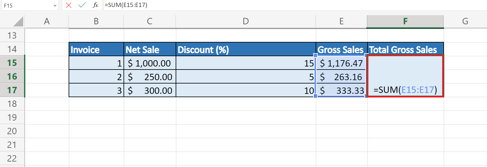 Gross Sales Formula in Excel