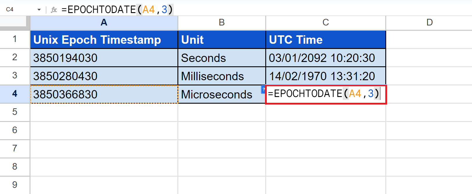 EPOCHTODATE formula for microseconds
