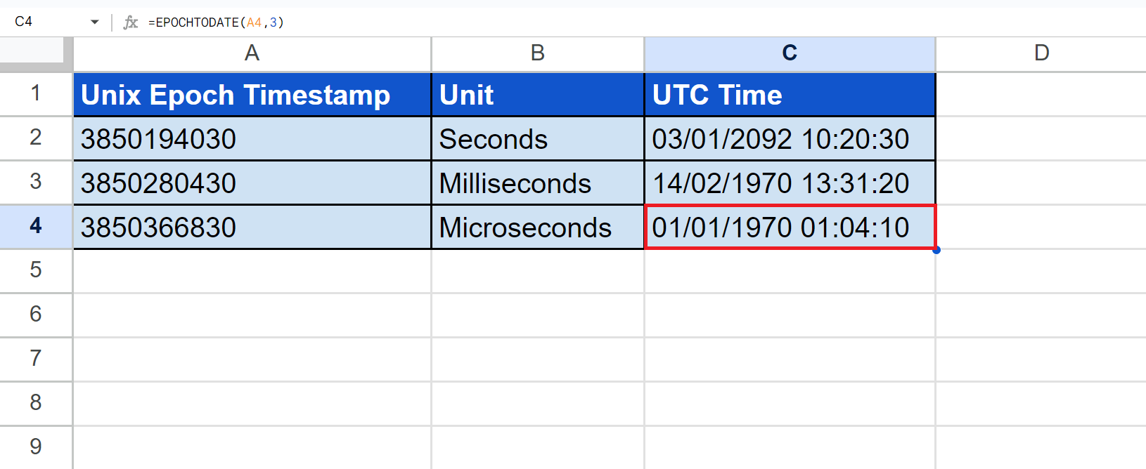 EPOCHTODATE Function in Google Sheets