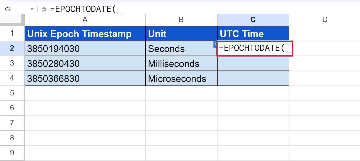 EPOCHTODATE Function in Google Sheets