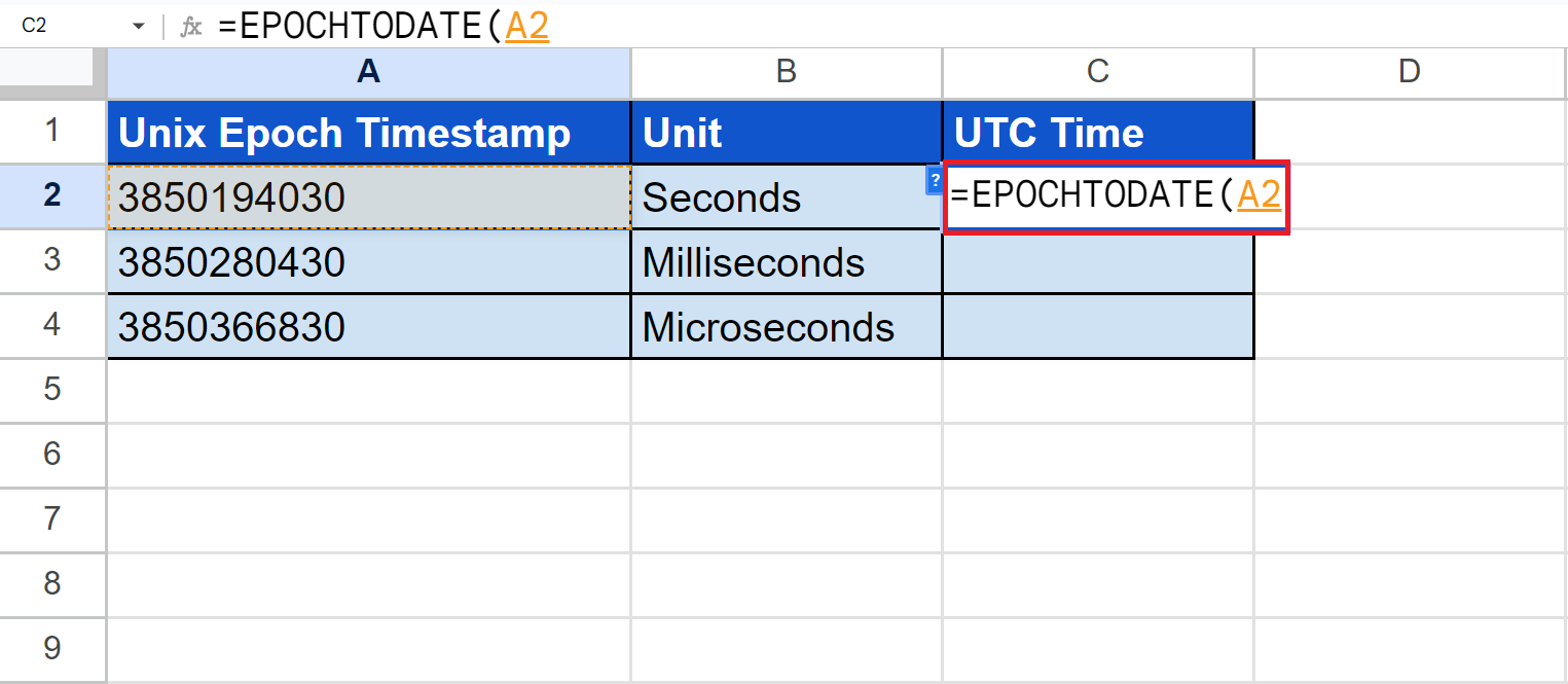 EPOCHTODATE Function in Google Sheets