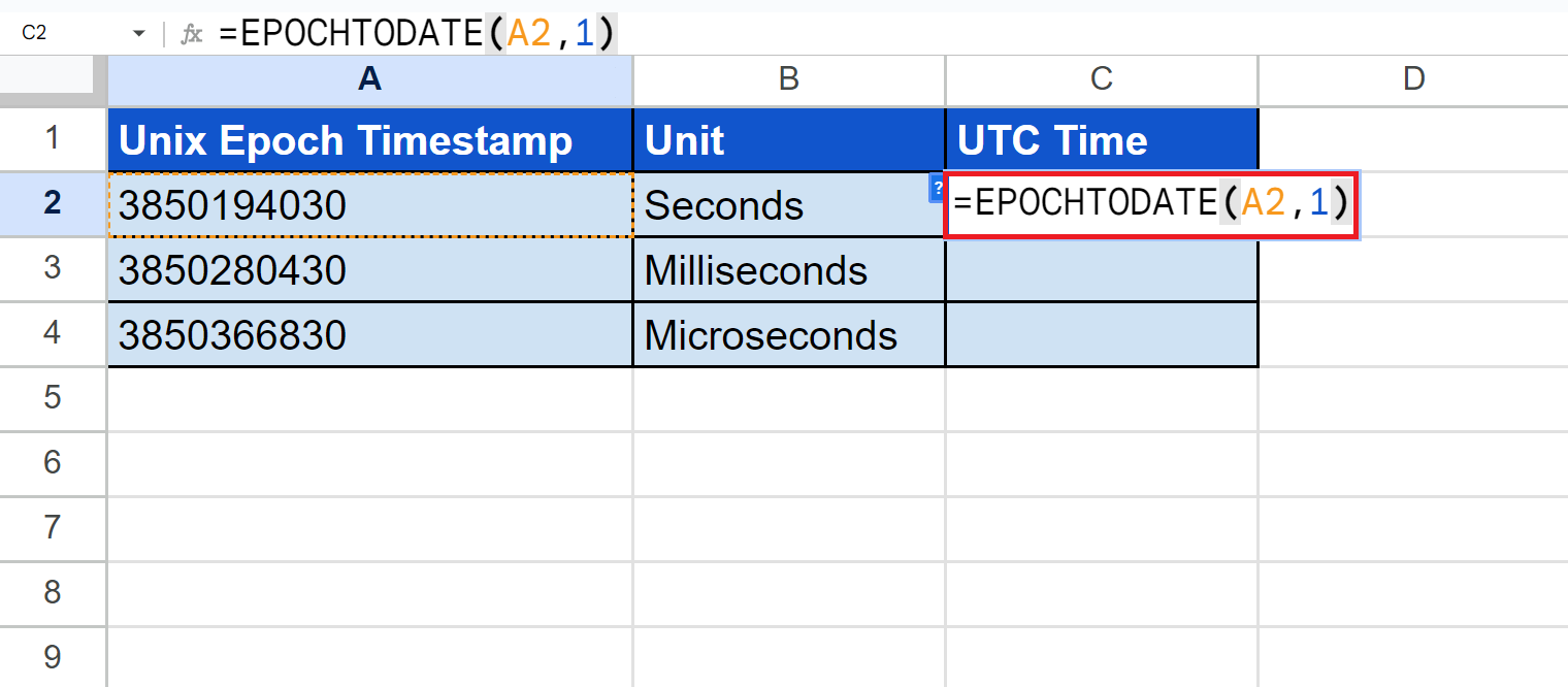 EPOCHTODATE formula for seconds