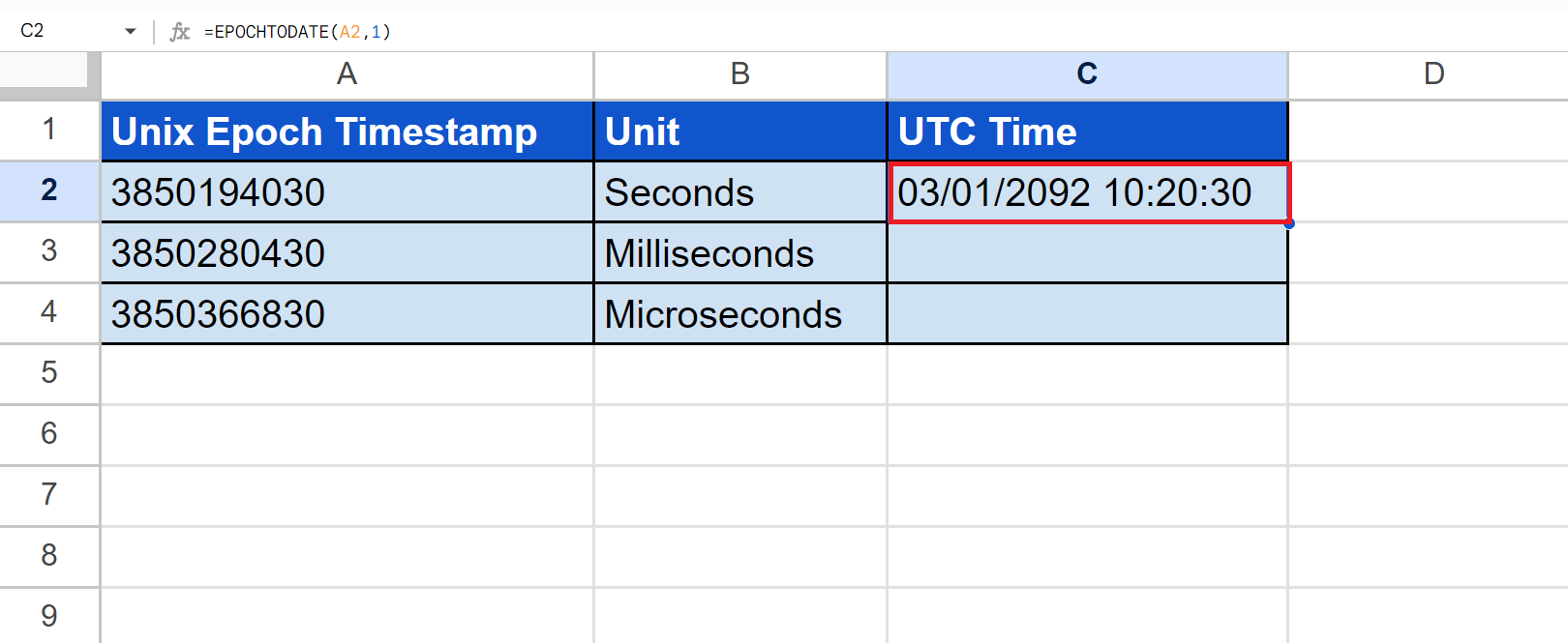 EPOCHTODATE Function in Google Sheets