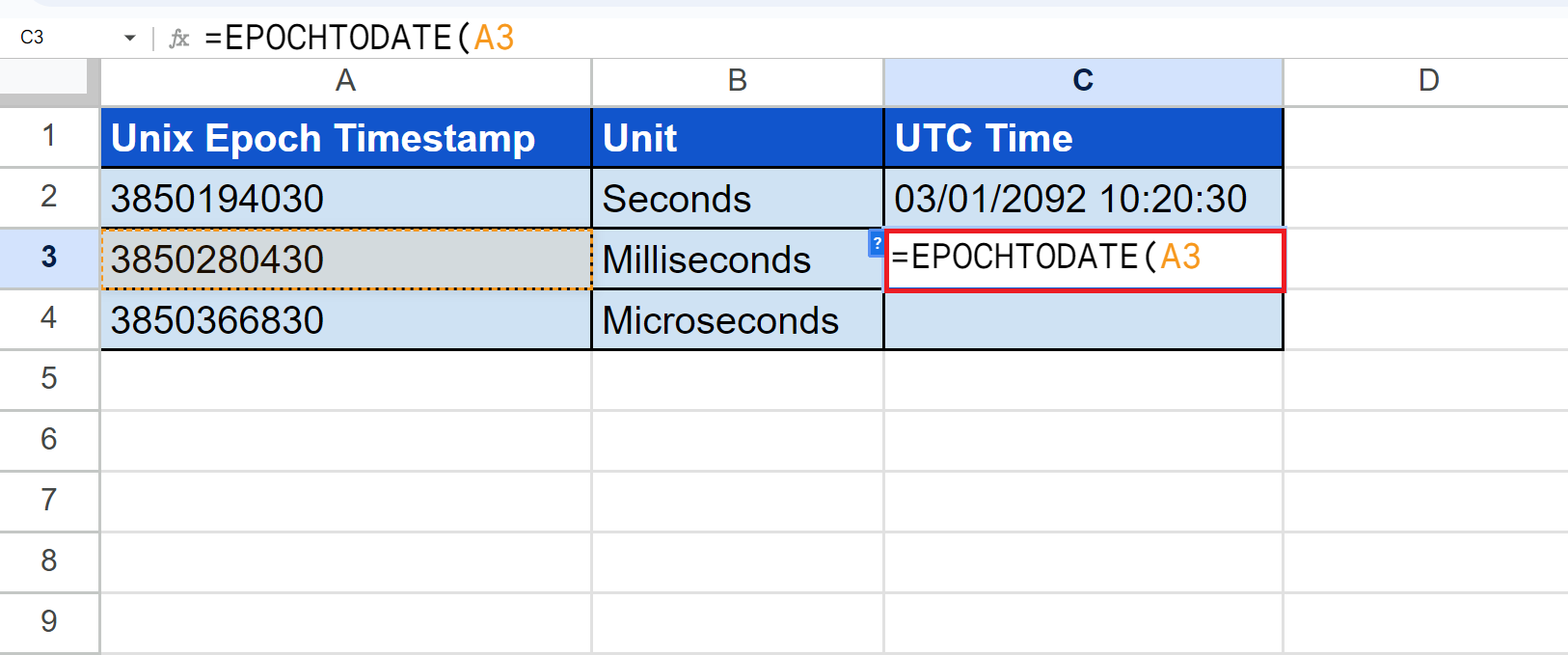 EPOCHTODATE Function in Google Sheets