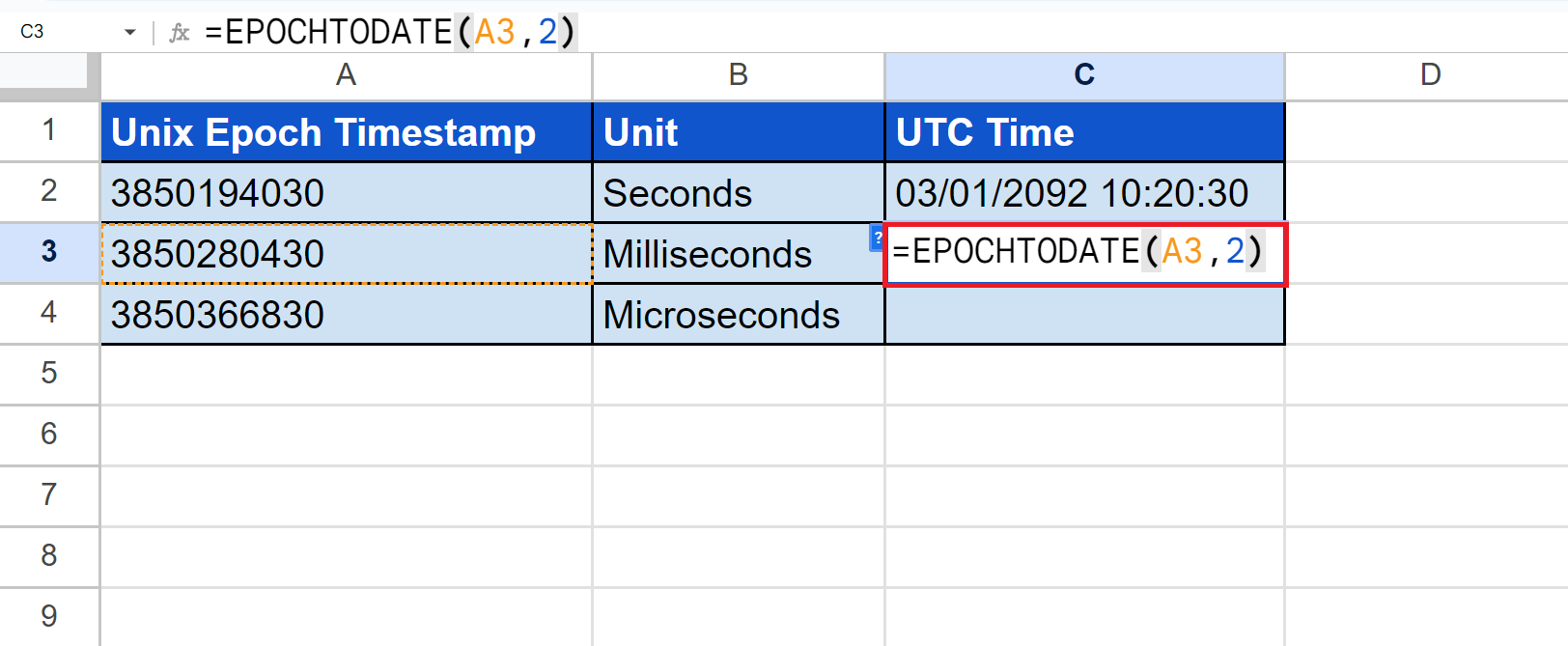 EPOCHTODATE formula for milliseconds