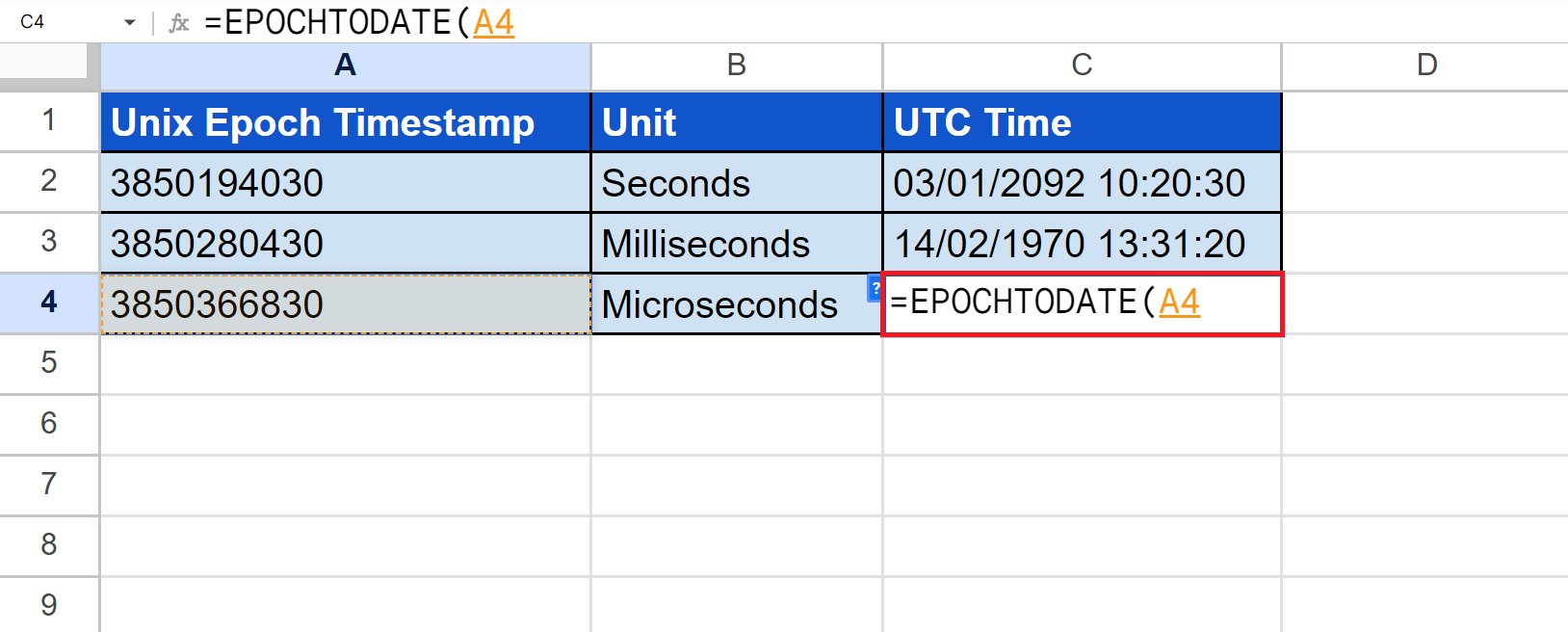 EPOCHTODATE Function in Google Sheets