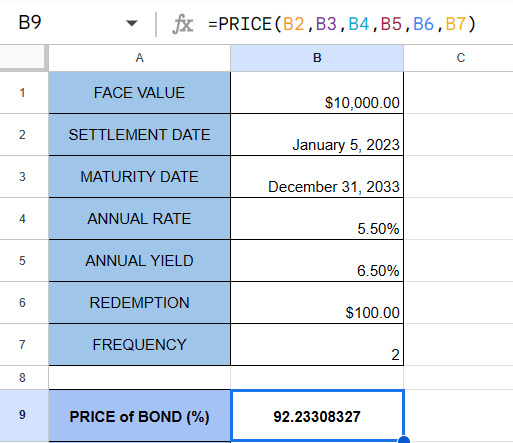 use PRICE function in Google Sheets