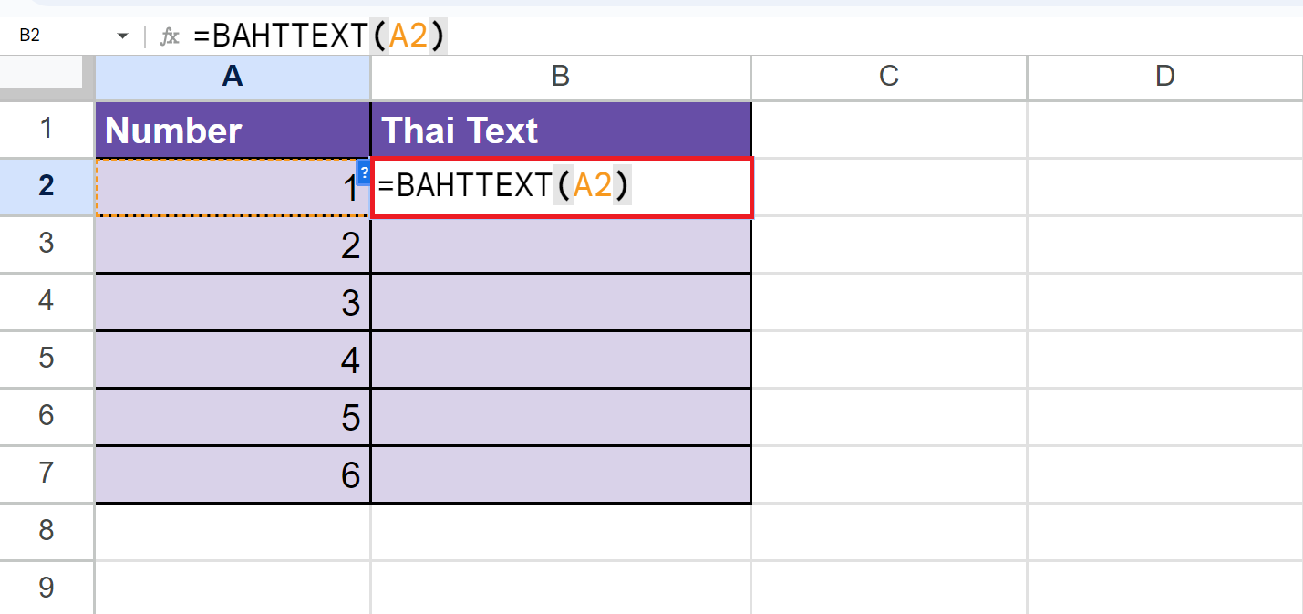 BAHTTEXT formula