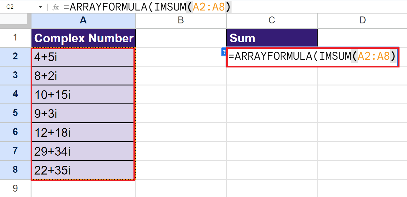 ARRAYFORMULA and IMSUM formula