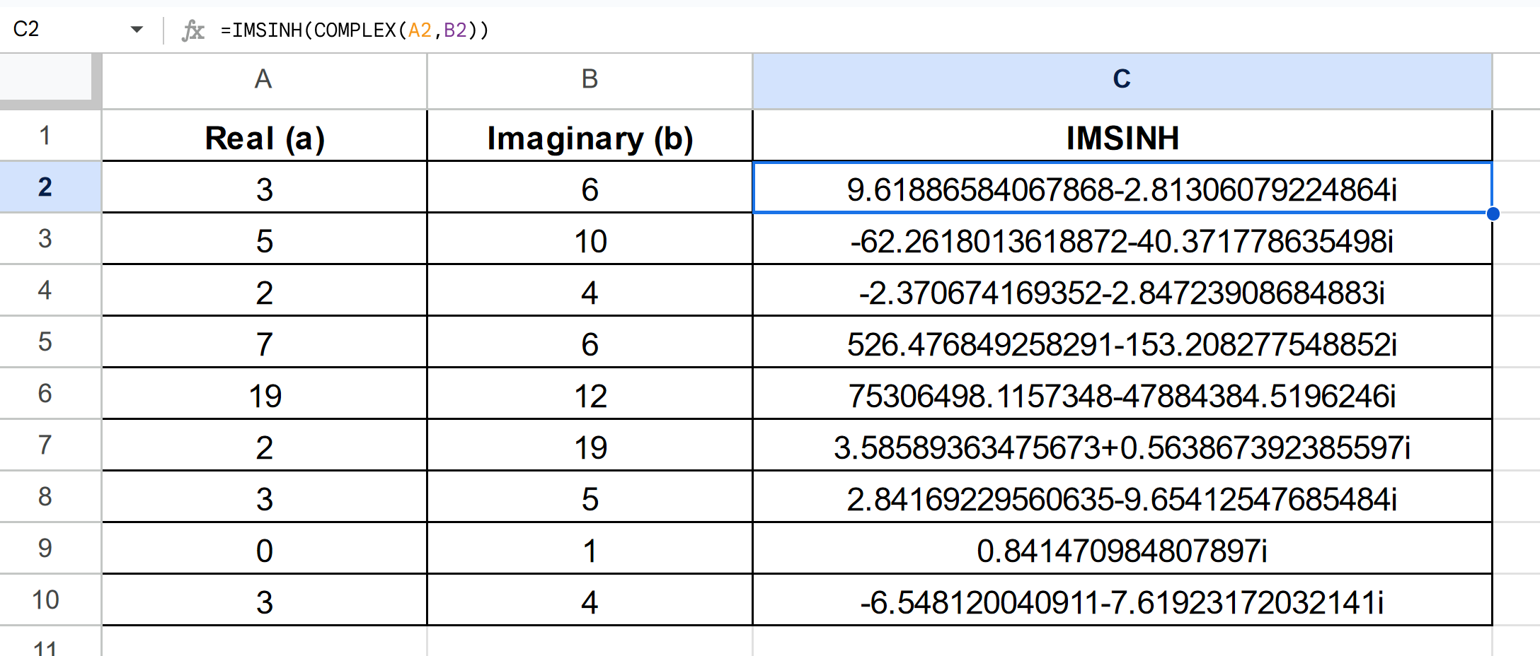 using COMPLEX with IMSINH function in Google Sheets