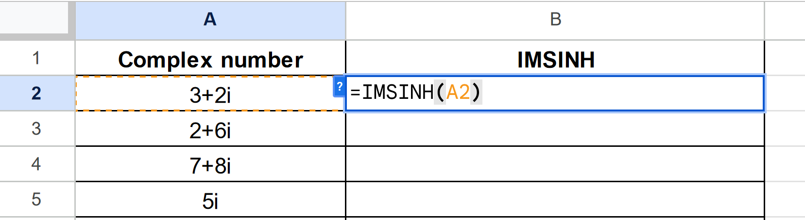 type IMSINH function in Google Sheets