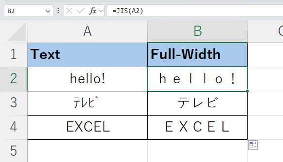 use JIS function in Excel to convert half-width characters to full-width