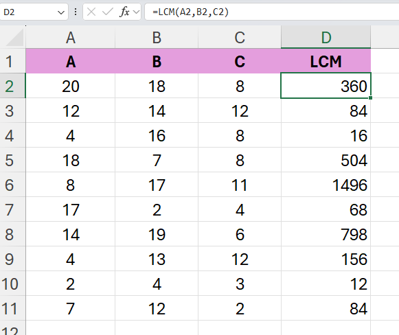 use LCM function in Excel with 3 input