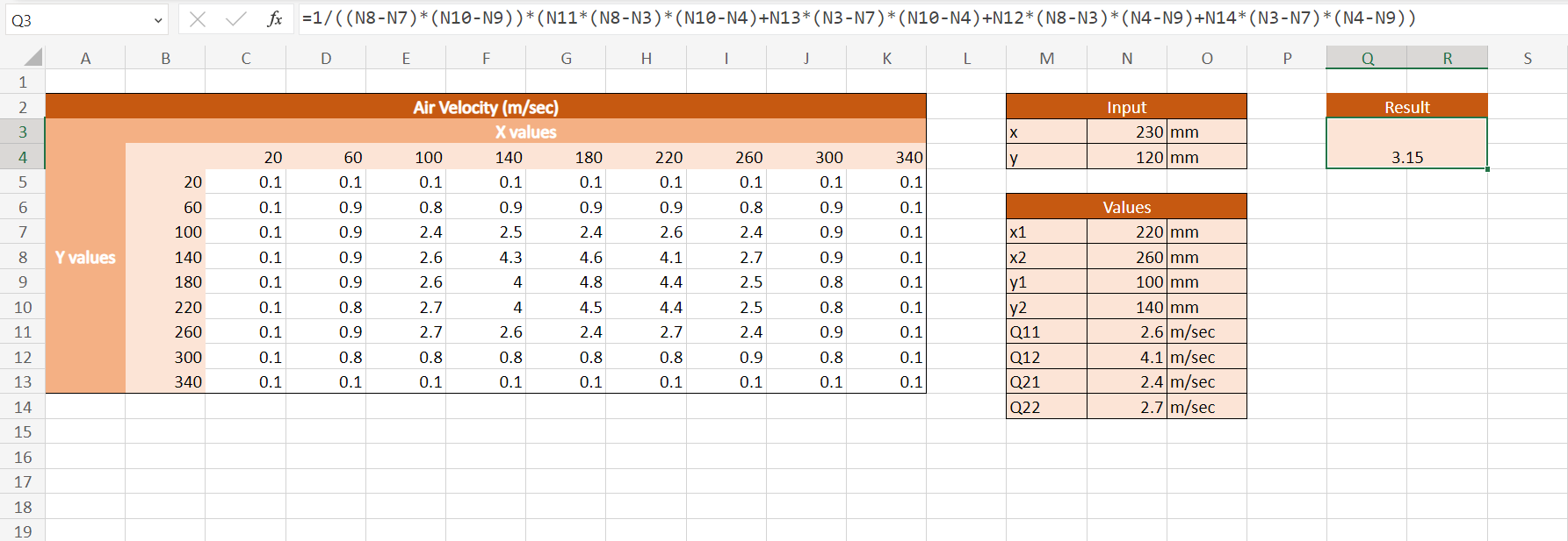 Bilinear Interpolation in Excel