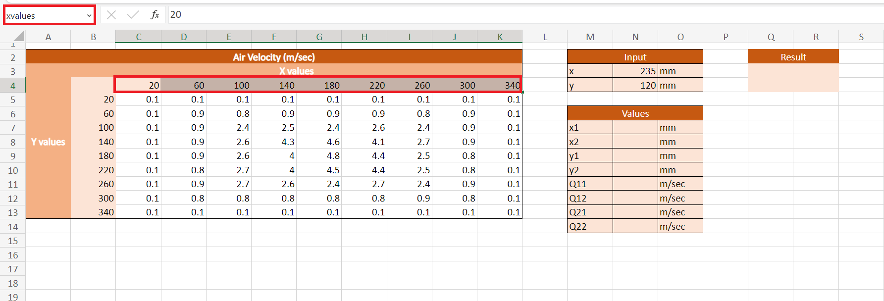 Bilinear Interpolation in Excel