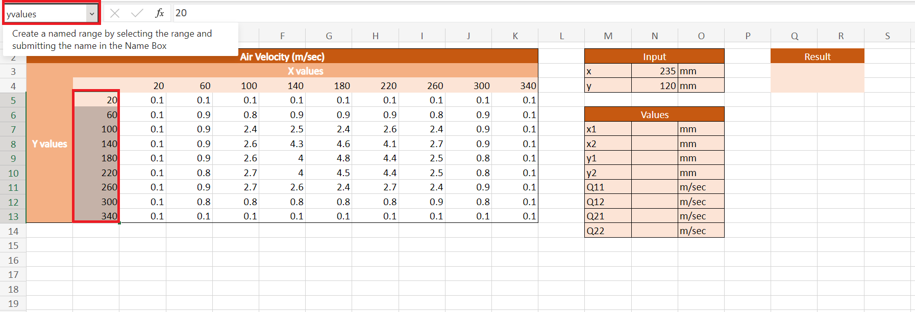 Bilinear Interpolation in Excel