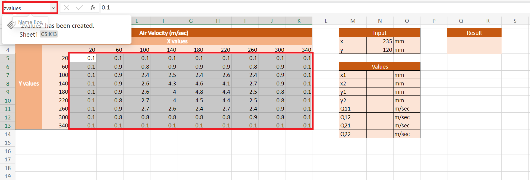 Bilinear Interpolation in Excel
