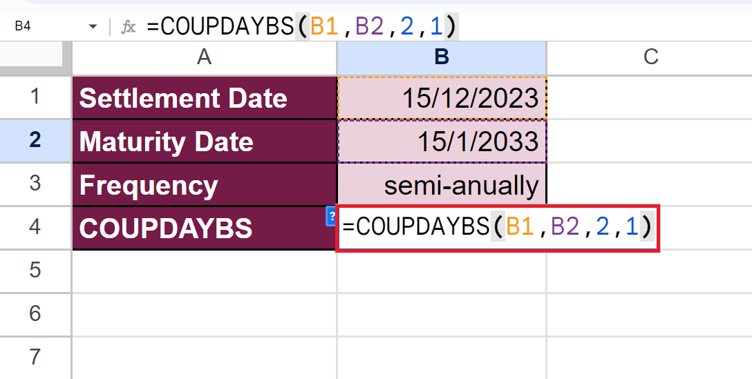 COUPDAYBS formula