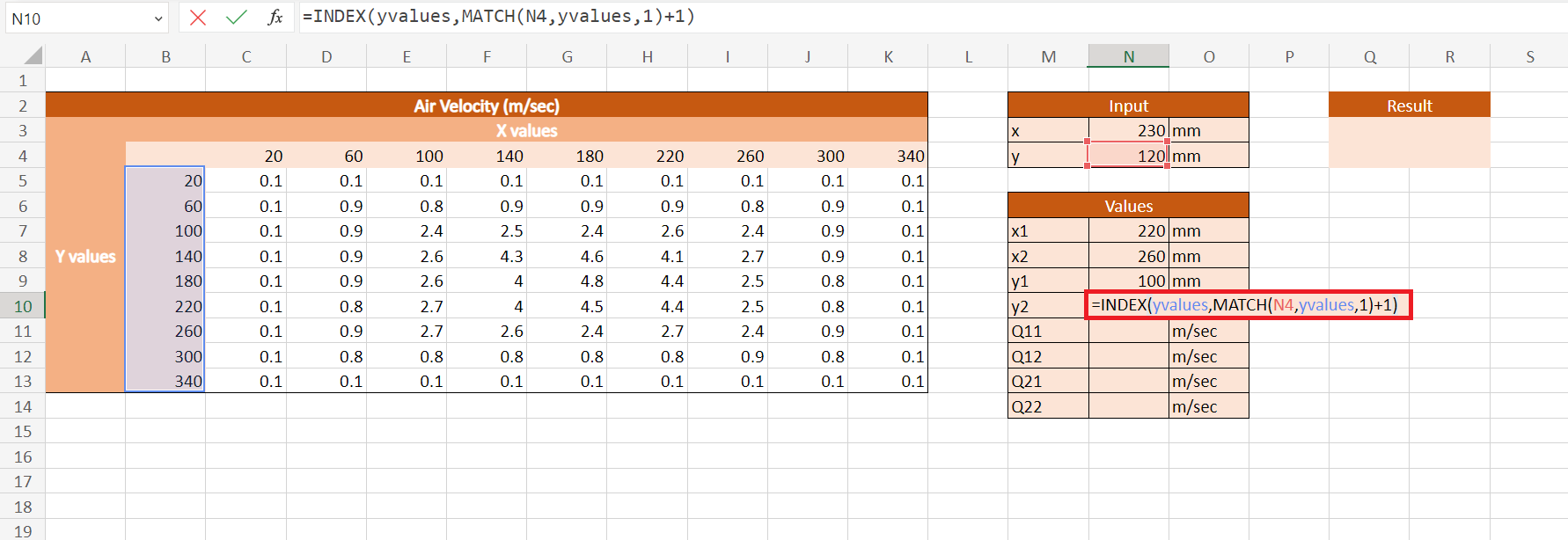 Bilinear Interpolation in Excel
