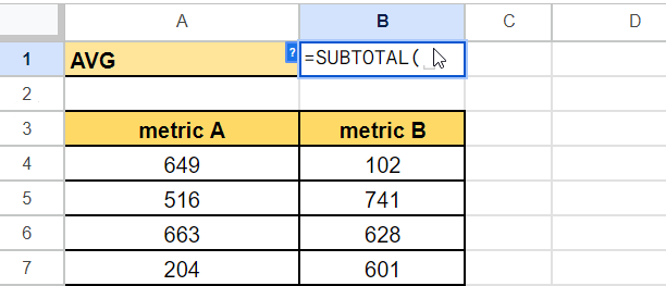 type subtotal function in google sheets