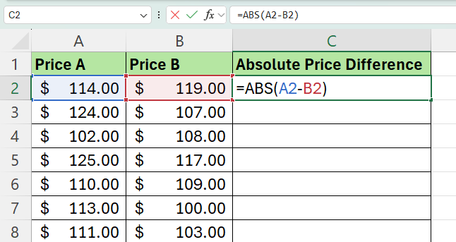 add arguments to ABS Function in Excel